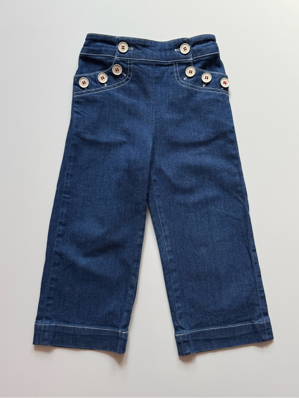 Bonpoint Girls Blue Denim Wide-Leg Sailor Pants with Contrast Buttons - Size 4